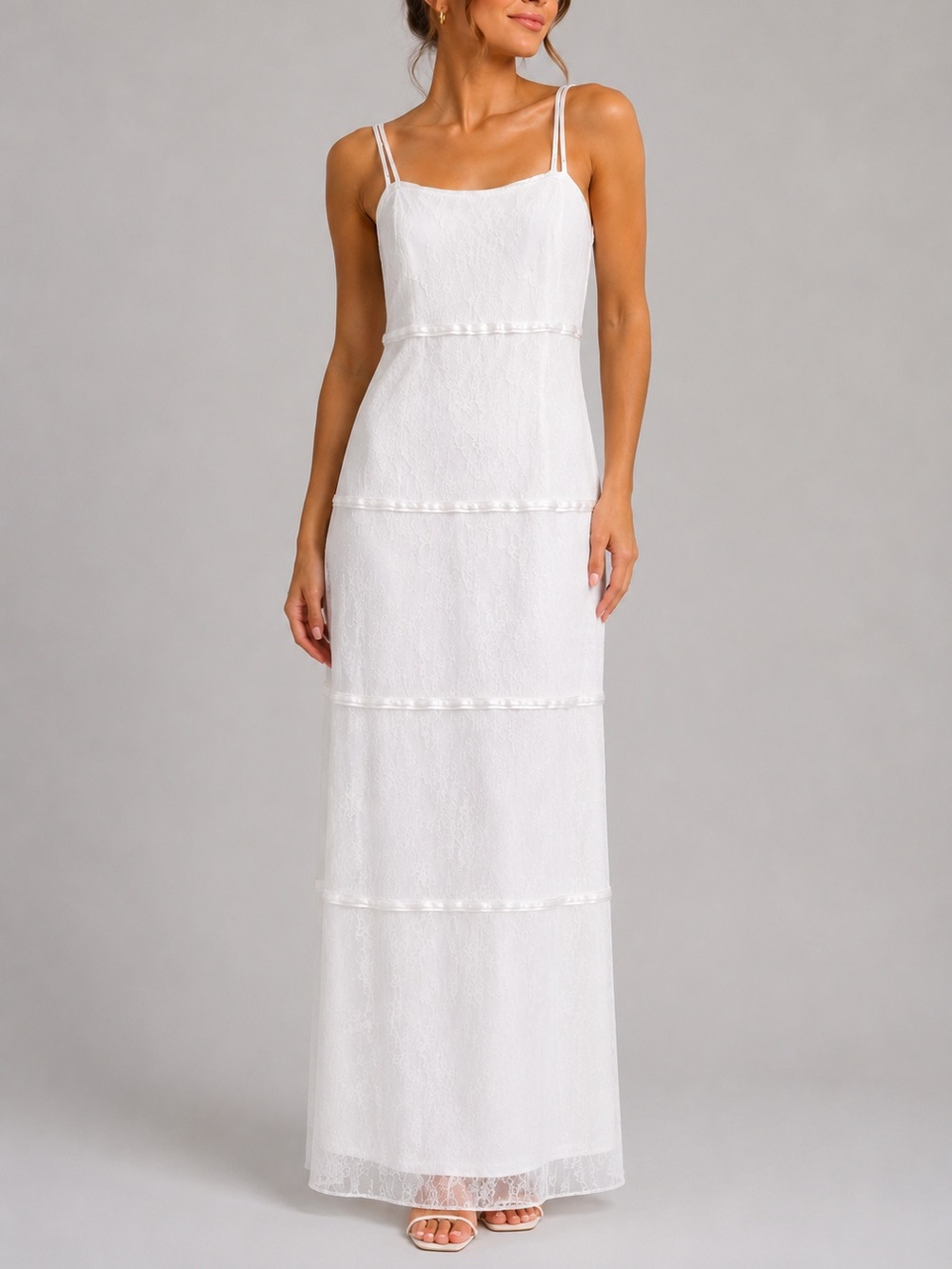 🆕🥥Gianni Bini White Lace Maxi Dress Size 6 Caelynn Bell Bridal Formal Tiere
